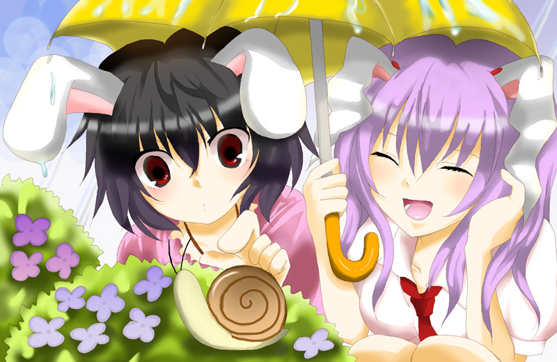 saera (pixiv400468), inaba tewi, reisen udongein inaba, touhou, bad id, bad pixiv id, 2girls, animal ears, black hair, closed eyes, female focus, flower, holding, holding umbrella, hydrangea, multiple girls, purple hair, rabbit ears, red eyes, short hair, smile, snail, umbrella