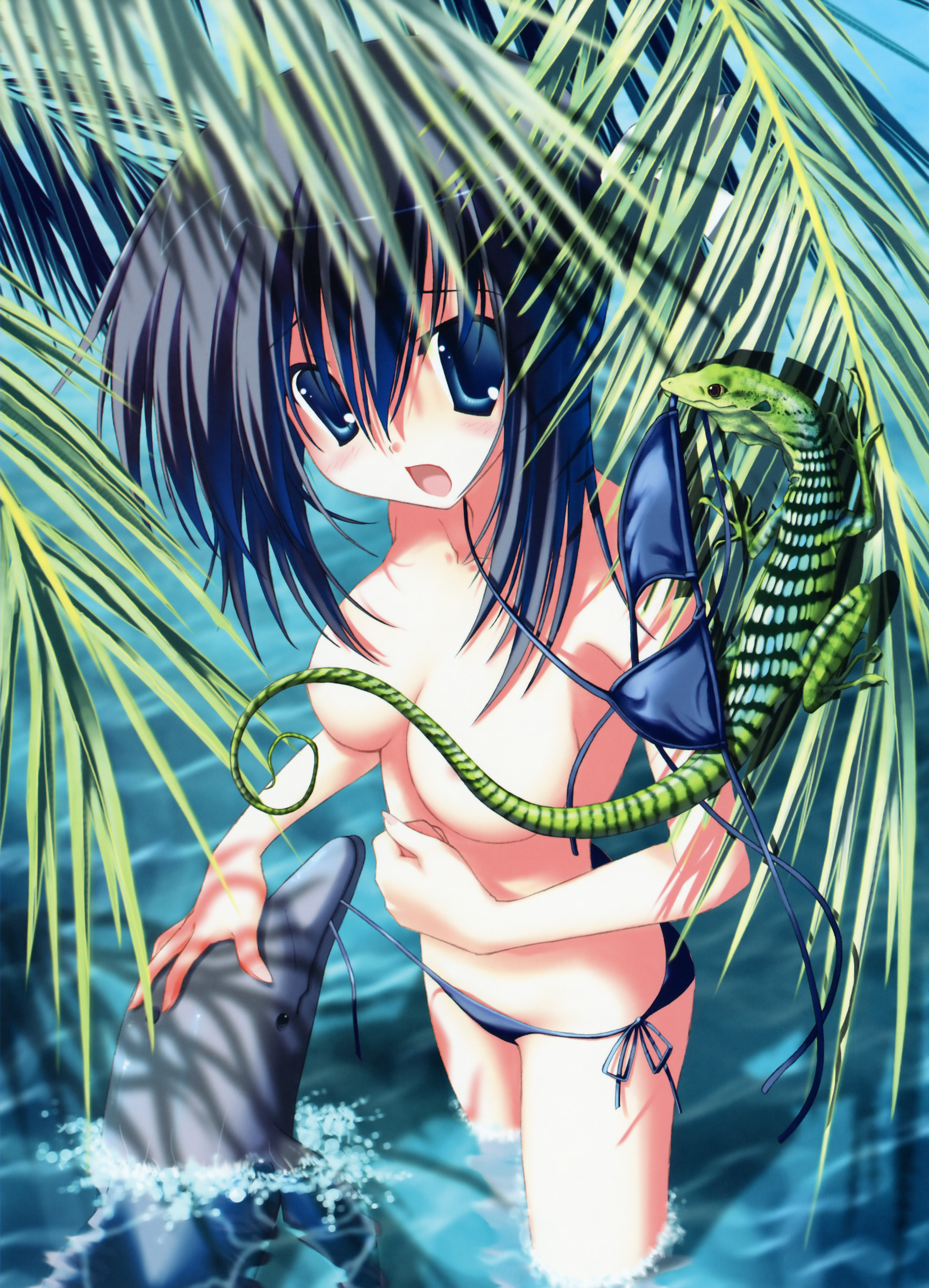 nanao naru, absurdres, highres, animal, bikini, blue hair, censored, convenient censoring, day, dolphin, short hair, solo, swimsuit, topless female, water