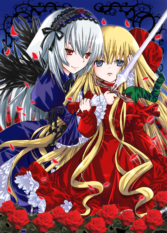 ogakuru, shinku, suigintou, rozen maiden, silver hair, 00s, 2girls, blonde hair, blue hair, dress, flower, frills, hair down, hairband, long hair, multiple girls, petals, red eyes, rose, rose petals, sword, weapon, wings