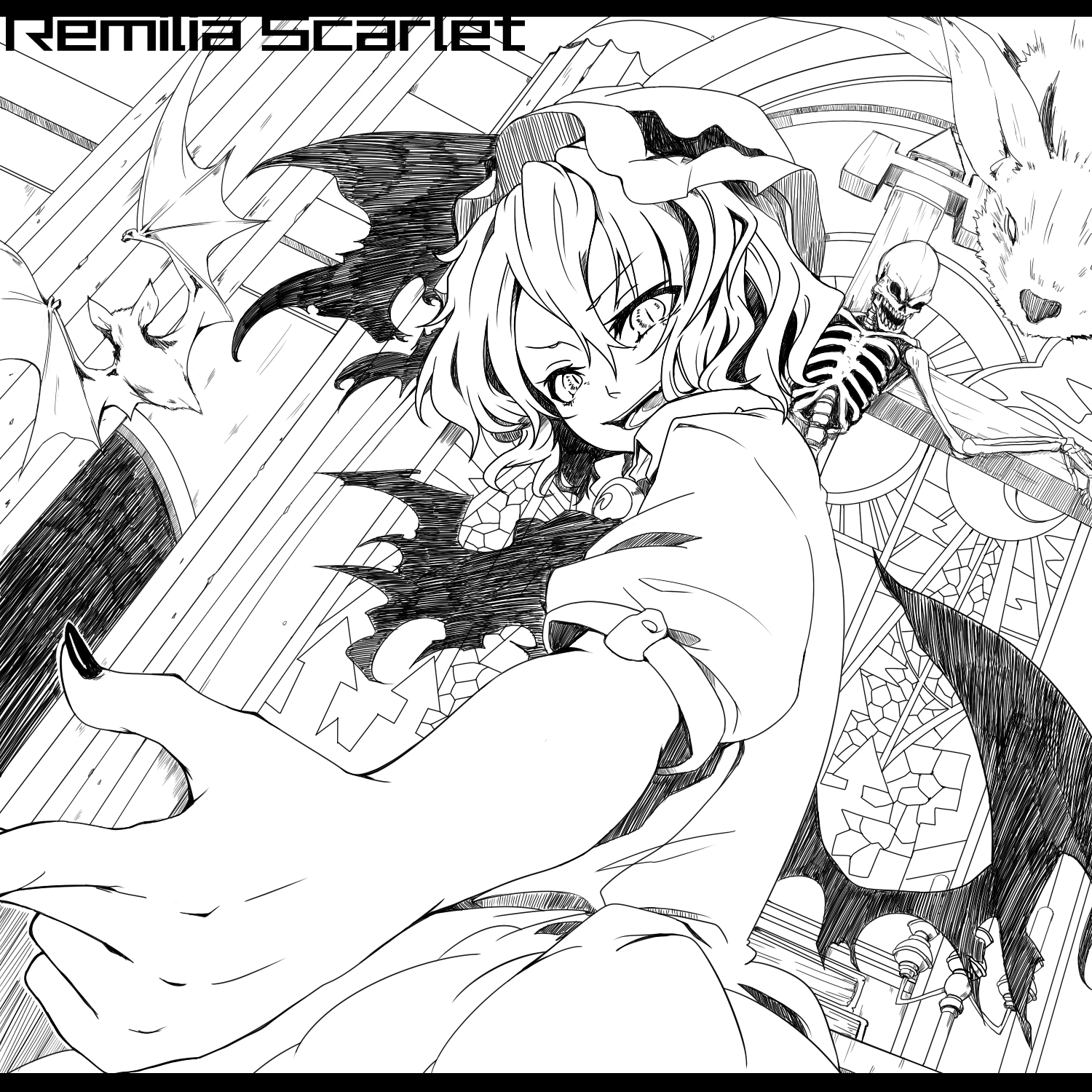 ko->u, remilia scarlet, touhou, bad id, bad pixiv id, highres, 1girl, bat (animal), cross, crucifixion, female focus, foreshortening, greyscale, hat, letterboxed, monochrome, short hair, skeleton, solo