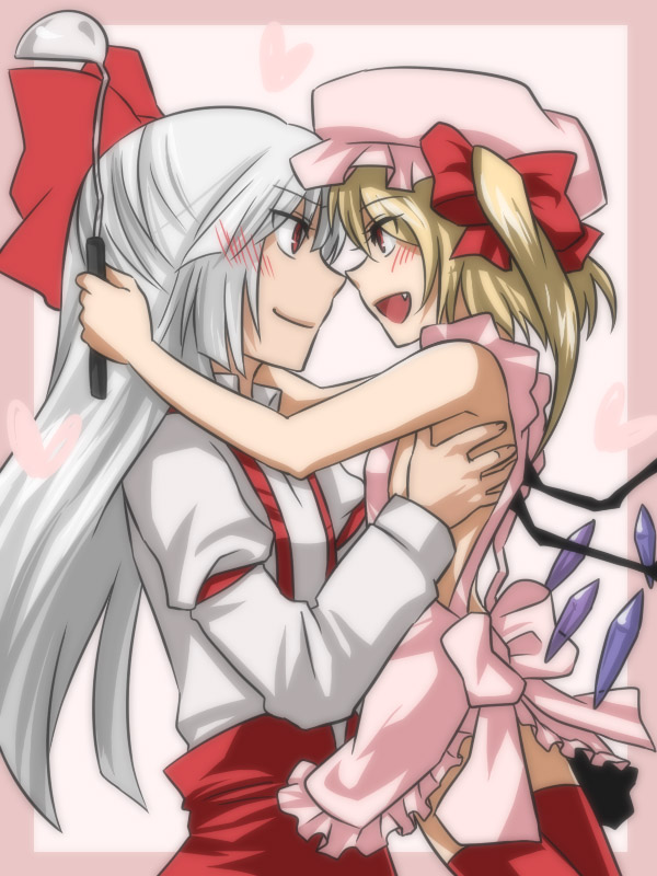 tacho, flandre scarlet, fujiwara no mokou, touhou, silver hair, bad id, bad pixiv id, 2girls, apron, blonde hair, blush, bow, fang, female focus, hair bow, hat, lifting person, multiple girls, naked apron, red eyes, thighhighs, wings, yuri