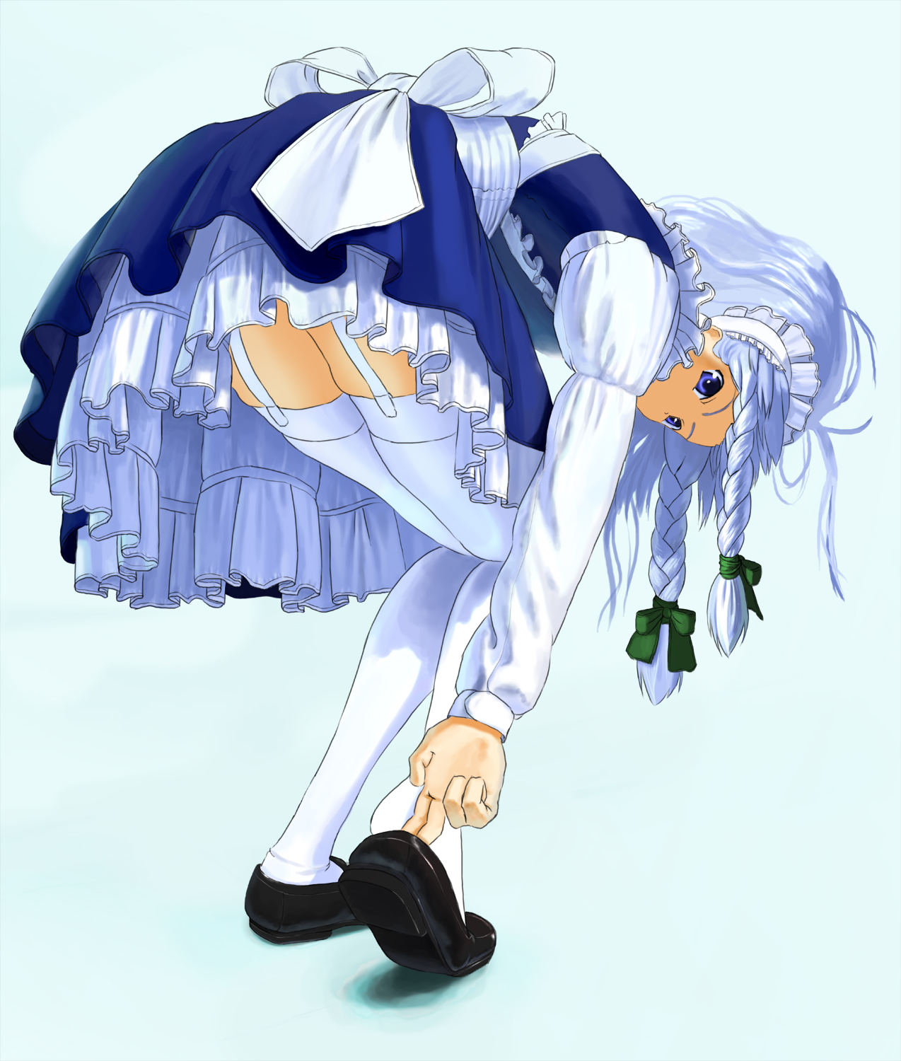 itou tatsuya, izayoi sakuya, touhou, silver hair, highres, 1girl, blue eyes, braid, female focus, full body, garter belt, garter straps, hairband, lingerie, maid, maid headdress, petticoat, putting on footwear, short hair, socks, solo, thighhighs, twin braids, underwear