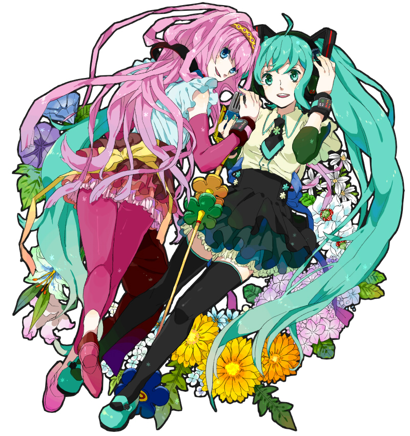 harutarou, seishun, hatsune miku, megurine luka, vocaloid, 2girls, aqua eyes, aqua hair, blue eyes, casual, dogwood (flower), flower, headband, headphones, hydrangea, lily (flower), long hair, microphone, multiple girls, necktie, pink hair, simple background, skirt, smile, thighhighs, twintails, white background, zettai ryouiki