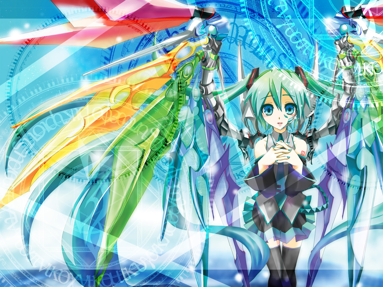 haru aki, hatsune miku, vocaloid, aqua hair, blue eyes, detached sleeves, long hair, mechanical wings, skirt, solo, thighhighs, very long hair, wings, zettai ryouiki