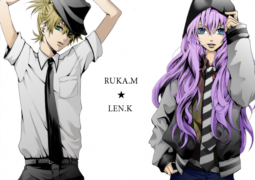 hakuseki, kagamine len, megurine luka, vocaloid, striped neckwear, 1boy, 1girl, arms up, black necktie, blonde hair, blue eyes, casual, fedora, formal clothes, green eyes, hat, hood, hooded jacket, jacket, long hair, necktie, pink hair, striped necktie