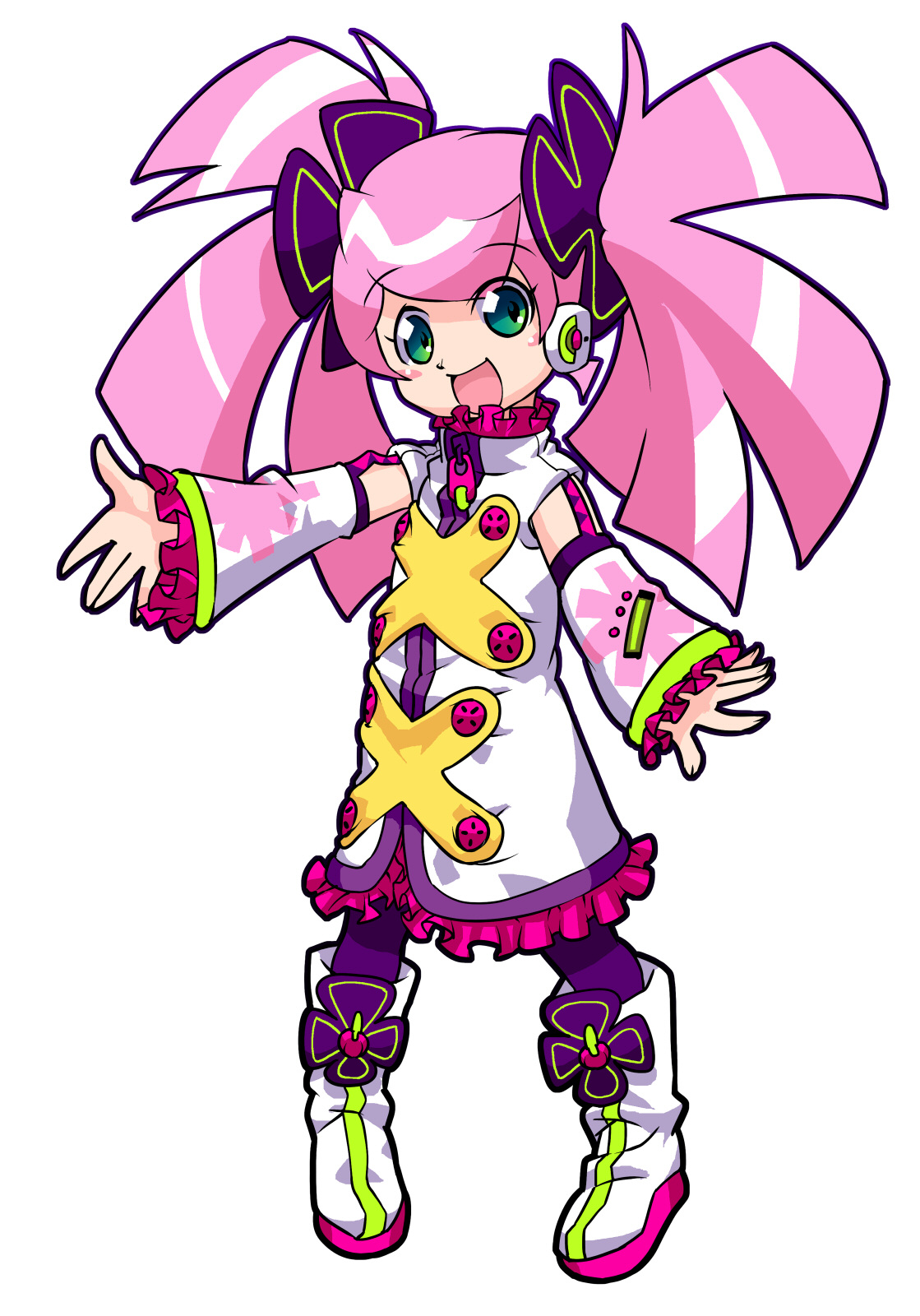 nagimiso, haruka nana, utau, vocaloid, highres, boots, detached sleeves, flower, full body, green eyes, pantyhose, pink hair, simple background, solo, standing, twintails, white background