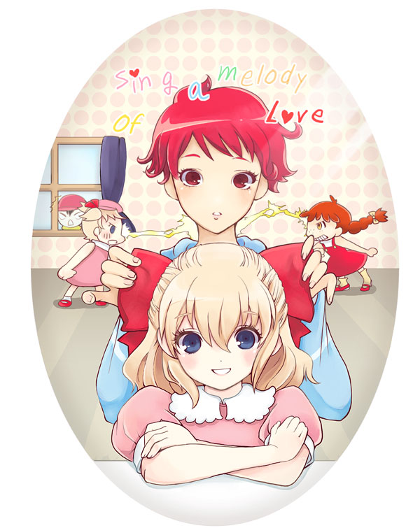 amripo, ana (mother), kumatora, ness (mother 2), ninten, paula (mother 2), pippi, mother (series), mother 1, mother 2, mother 3, nintendo, bad id, bad pixiv id, 1boy, 4girls, blonde hair, blue eyes, braid, child, clenched teeth, crossed arms, curtains, dress, hat, heart, multiple girls, pink dress, red dress, red eyes, red hair, ribbon, short hair, teeth, twin braids, window