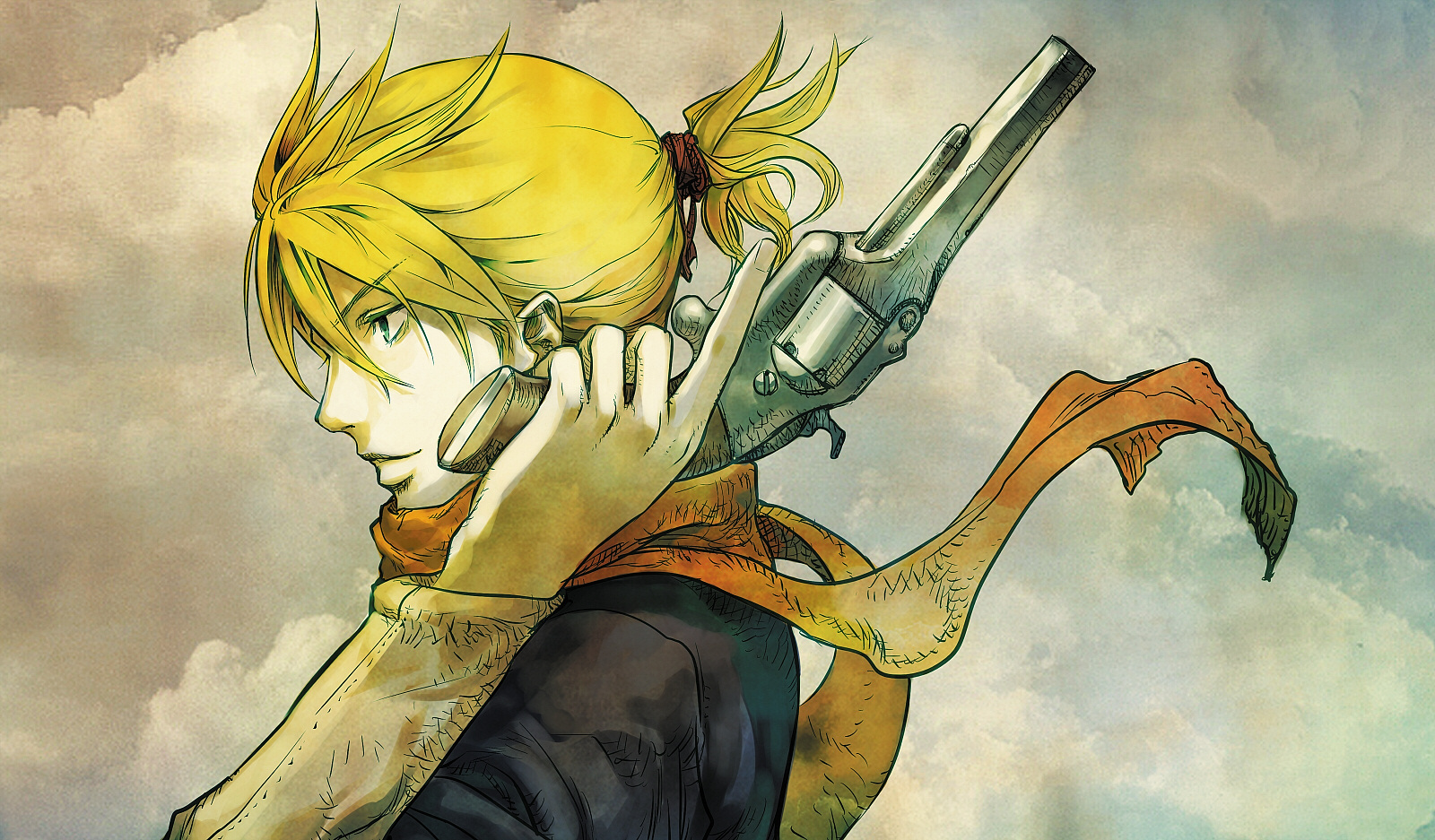 nagimiso, kagamine len, vocaloid, bad id, bad pixiv id, highres, 1boy, blonde hair, blue eyes, gun, handgun, male focus, ponytail, revolver, scarf, solo, trigger discipline, weapon