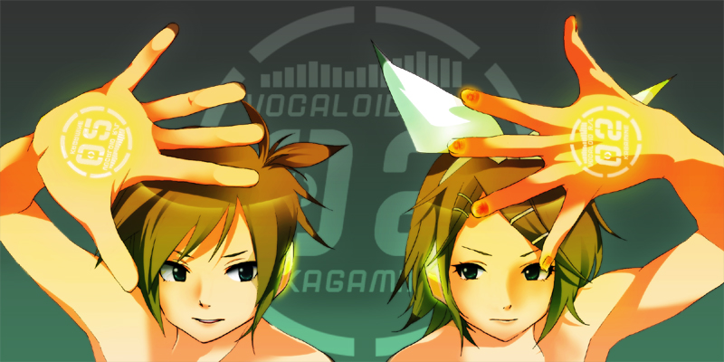 h e r o, hero (dka), hero (pixiv), kagamine len, kagamine rin, vocaloid, bad id, bad pixiv id, 1boy, 1girl, blonde hair, blue eyes, brother and sister, hair ornament, hair ribbon, hairclip, headphones, ribbon, short hair, siblings, twins