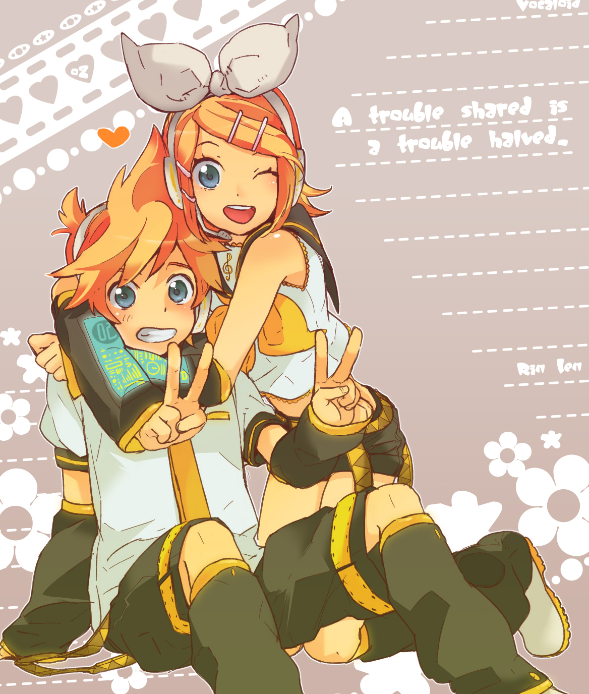 h e r o, hero (dka), hero (pixiv), kagamine len, kagamine rin, vocaloid, bad id, bad pixiv id, highres, 1boy, 1girl, blonde hair, blue eyes, brother and sister, hair ornament, hair ribbon, hairclip, headphones, hetero, hug, one eye closed, ribbon, short hair, siblings, smile, twins, v, wink