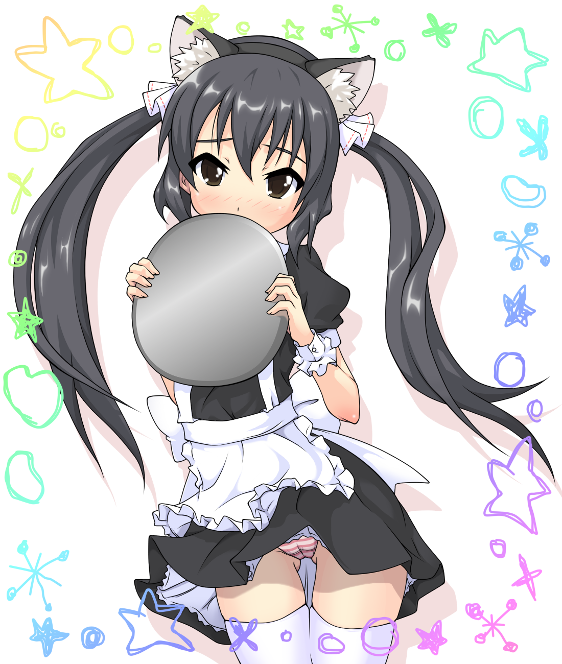k10k, nakano azusa, k-on!, highres, 00s, 1girl, alternate costume, animal ears, black hair, blush, cat ears, cleft of venus, enmaided, female focus, loli, long hair, looking at viewer, maid, panties, pantyshot, solo, striped clothes, striped panties, thigh gap, thighhighs, tray, twintails, underwear, upskirt, waitress, white thighhighs, wrist cuffs, zettai ryouiki