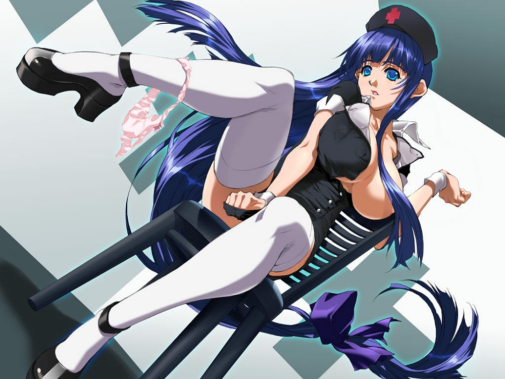 rin kyoutarou, fuutou shizune, oshioki sweetie, white legwear, jpeg artifacts, 1girl, :o, areola slip, blue eyes, blue hair, bow, breasts, censored, chair, convenient censoring, covering crotch, covering privates, dutch angle, hair bow, hair censor, hair over breasts, hat, high heels, huge breasts, large breasts, leg up, legs, long hair, long legs, matching hair/eyes, no bra, nurse, nurse cap, open clothes, open mouth, open shirt, panties, panties around leg, panty pull, pink panties, shirt, shirt tug, shoes, sitting, solo, thighhighs, underwear, very long hair, wrist cuffs