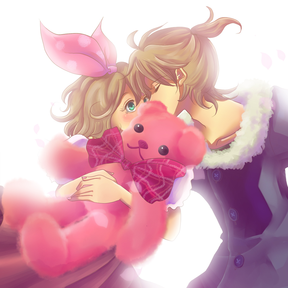 melou, kagamine len, kagamine rin, vocaloid, bad id, bad pixiv id, 1boy, 1girl, blonde hair, brother and sister, closed eyes, couple, green eyes, hair ribbon, hetero, incest, nail polish, pink nails, ponytail, ribbon, short hair, siblings, stuffed animal, stuffed toy, teddy bear, twincest, twins