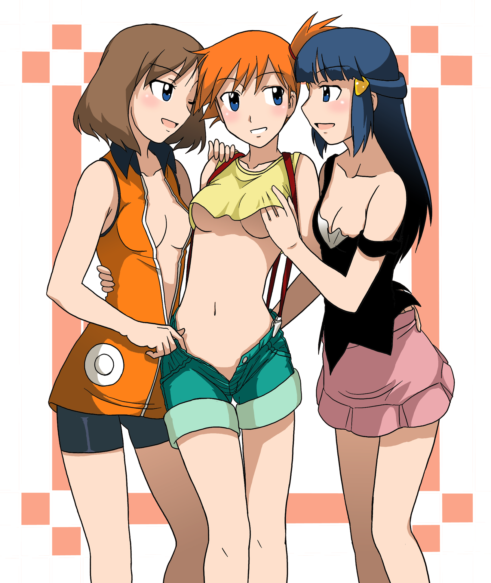 takaya n, dawn (pokemon), may (pokemon), may (pokemon emerald), misty (pokemon), nintendo, pokemon, pokemon (anime), pokemon dppt, pokemon rgby, pokemon rse, highres, 3girls, :d, ;d, alternate costume, bare shoulders, bike shorts, black dress, blue eyes, blue hair, blush, breasts, brown hair, cleavage, collarbone, collared shirt, dress, eye contact, female focus, fff threesome, friends, girl sandwich, grabbing another's breast, grin, groping, group sex, gym leader, hand under clothes, happy, latex, long hair, looking at another, medium breasts, multigrope, multiple girls, naughty face, navel, no bra, no headwear, off shoulder, one eye closed, open clothes, open mouth, open shirt, orange hair, orange shirt, parted lips, pink skirt, sandwiched, shirt, short hair, shorts, skirt, smile, standing, strap slip, suspenders, threesome, underboob, undressing, unzipped, wink, yuri