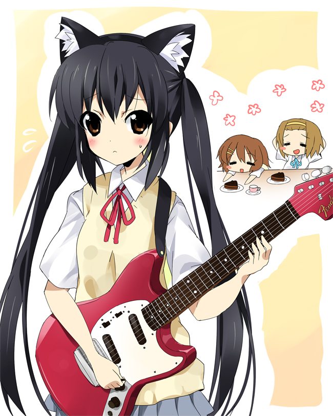 paco, hirasawa yui, nakano azusa, tainaka ritsu, k-on!, 00s, 3girls, animal ears, black hair, brown eyes, brown hair, cake, cat ears, food, guitar, instrument, long hair, multiple girls, mustang (guitar), neck ribbon, pastry, red ribbon, ribbon, school uniform, sweater vest, twintails