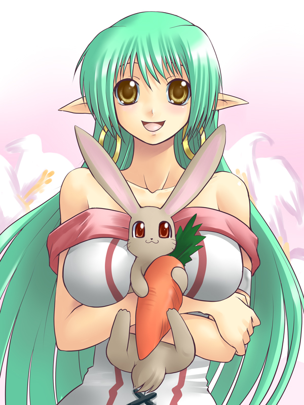 yaso shigeru, damien (ukagaka), sofy rezent, ukagaka, 1girl, bare shoulders, brown eyes, carrot, earrings, elf, green hair, happy, jewelry, long hair, open mouth, pointy ears, rabbit, smile