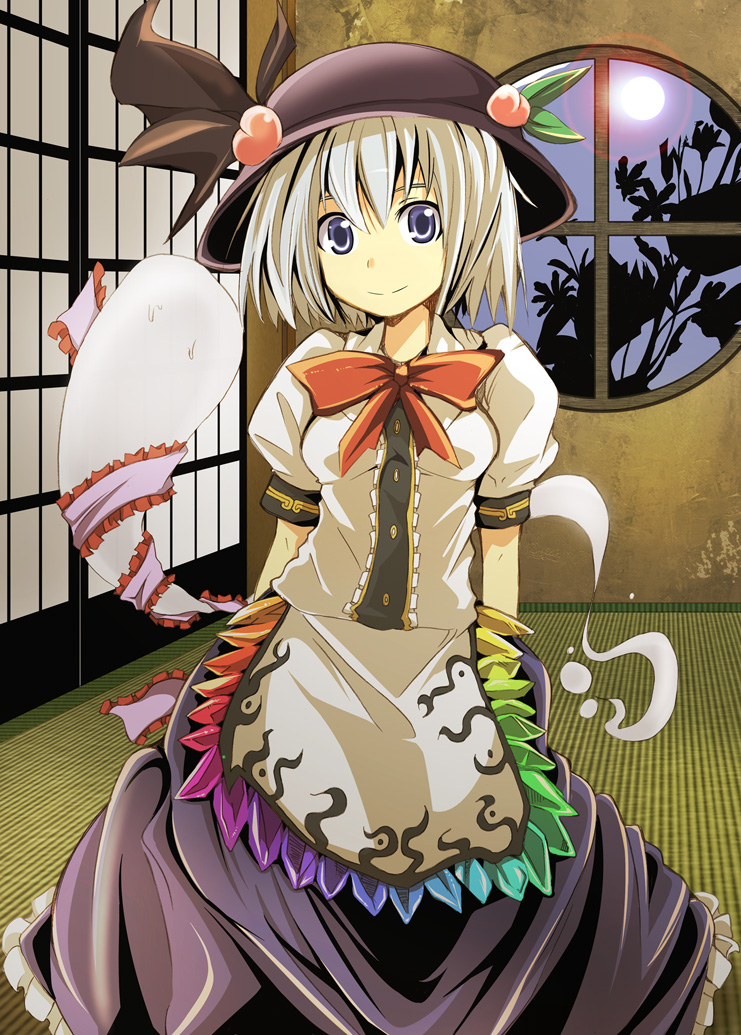 maturiuta sorato, hinanawi tenshi, konpaku youmu, konpaku youmu (ghost), nagae iku, touhou, silver hair, 1girl, blue eyes, cosplay, female focus, food, fruit, hat, hinanawi tenshi (cosplay), nagae iku (cosplay), peach, ribbon, short hair, solo