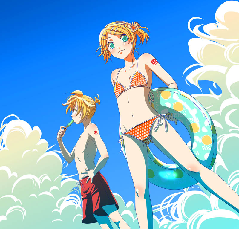 paraiso, kagamine len, kagamine rin, vocaloid, 1boy, 1girl, aqua eyes, bathtub, bikini, blonde hair, brother and sister, flat chest, flower, hair ornament, hairclip, innertube, short hair, siblings, side-tie bikini bottom, smile, swim ring, swimsuit, twins