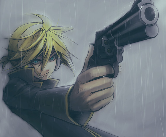menou kururu, kagamine len, vocaloid, 1boy, blonde hair, blue eyes, finger on trigger, gun, handgun, headphones, headset, holding, holding gun, holding weapon, male focus, rain, revolver, short hair, solo, weapon