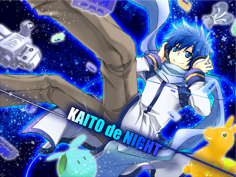 abe., abe toshi, haro, kaito (vocaloid), gundam, vocaloid, 1boy, blue eyes, blue hair, blue scarf, headphones, male focus, matching hair/eyes, ribbon, robot, scarf, short hair, smile, solo, stuffed animal, stuffed toy, teddy bear, toy