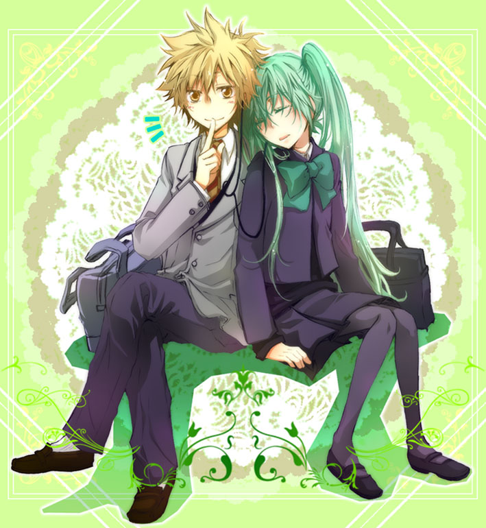 abe., abe toshi, hatsune miku, kagamine len, vocaloid, 1boy, 1girl, aqua hair, bag, blonde hair, crossed legs, headphones, long hair, pantyhose, school uniform, short hair, sitting, sleeping, sleeping upright, smile, twintails, yellow eyes