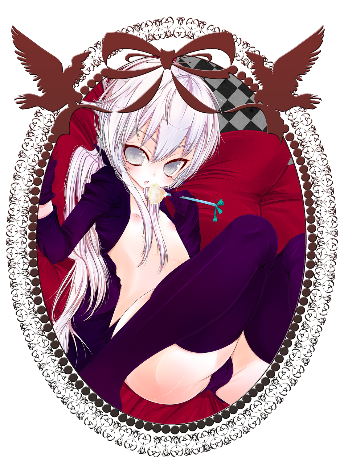 negitoro, sakiyo cake, framed, bad id, bad pixiv id, highres, 1girl, breasts, cake, cameltoe, female focus, flat chest, food, hip focus, loli, long hair, lying, nipples, open mouth, puffy nipples, scar, small breasts, solo, spoon, thighhighs, very long hair, white eyes, white hair, wide hips