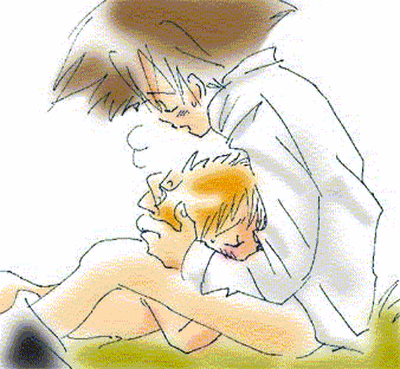 takaishi takeru, yagami taichi, digimon, digimon adventure 02, hand on head, lowres, 00s, blonde hair, blush, brown hair, fellatio, male focus, moaning, oral, school uniform, shota, yaoi