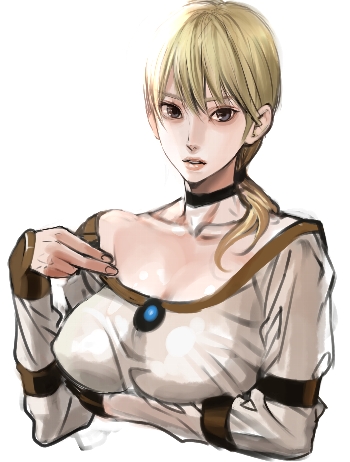 inkey, fiona belli, capcom, demento, lowres, 1girl, blonde hair, blouse, breasts, brooch, brown eyes, choker, female focus, grey eyes, jewelry, large breasts, ponytail, shirt, solo