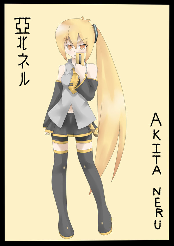 akita neru, vocaloid, self-upload, 1girl, blonde hair, boots, cellphone, female focus, full body, long hair, necktie, phone, side ponytail, skirt, solo, thighhighs