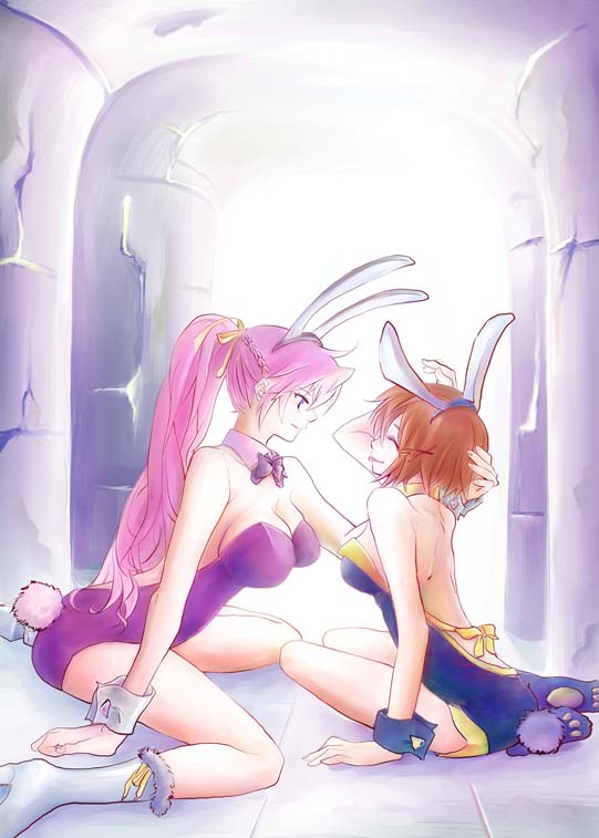 jason (kaiten kussaku kikou), signum, yagami hayate, lyrical nanoha, mahou shoujo lyrical nanoha, mahou shoujo lyrical nanoha strikers, hand on head, colorized, 00s, 2girls, :p, animal ears, bare legs, bare shoulders, bow, bowtie, breasts, brown hair, cleavage, closed eyes, fake animal ears, large breasts, long hair, medium breasts, multiple girls, pillar, pink hair, playboy bunny, ponytail, rabbit ears, rabbit tail, short hair, sitting, smile, tail, tongue, tongue out, wrist cuffs, yuri