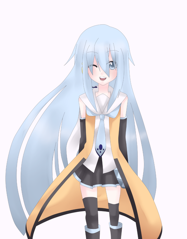 musune kuromi, original, vocaloid, self-upload, blue eyes, boots, coat, gradient hair, long hair, multicolored hair, one eye closed, solo, standing, thighhighs, very long hair, wink