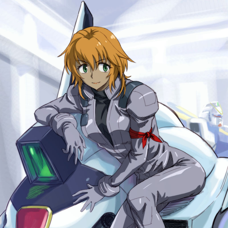 michael f91, francesca o'hara, v2 gundam, victory gundam hexa, gundam, victory gundam, pilot suit, 1990s (style), bodysuit, gloves, green eyes, mecha, retro artstyle, robot, short hair, solo