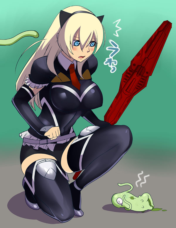 robina, fatina, fatina (druaga), roper, roper (druaga), babylonian castle saga, bandai namco, druaga no tou, translation request, 1girl, animal ears, blonde hair, blue eyes, blush, boots, breasts, cat ears, large breasts, long hair, monster, on one knee, simple background, tentacles, thigh boots, thighhighs, x x, you gonna get raped