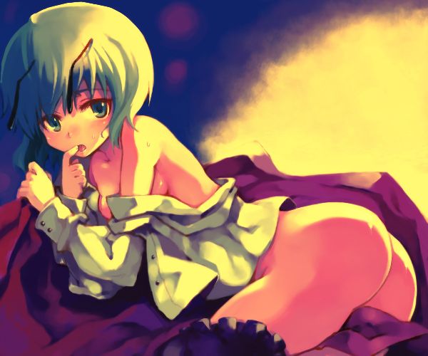 arai kuma, wriggle nightbug, touhou, bad id, bad pixiv id, 1girl, antennae, ass, bare shoulders, female focus, finger to mouth, green eyes, green hair, lying, matching hair/eyes, off shoulder, open clothes, open shirt, shirt, short hair, solo