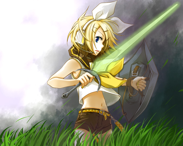 abe., abe toshi, kagamine rin, vocaloid, bad id, bad pixiv id, 1girl, blonde hair, blue eyes, energy sword, female focus, grass, hair ornament, hair ribbon, hairclip, navel, ribbon, shield, short hair, solo, sword, weapon, wind