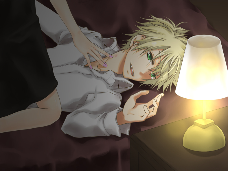 abe., abe toshi, kagamine len, vocaloid, bad id, bad pixiv id, 1boy, 1girl, blonde hair, green hair, lamp, lying, nail polish, on back, pink nails, short hair, smile, solo focus
