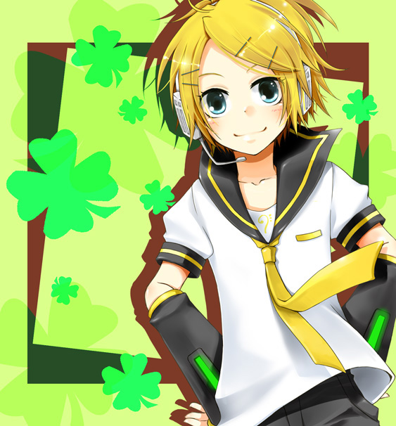 abe., abe toshi, kagamine len, kagamine rin, vocaloid, bad id, bad pixiv id, 1girl, blonde hair, blue eyes, clover, cosplay, crossdressing, crossdressing (ftm), female focus, four-leaf clover, hair ornament, hairclip, headphones, kagamine len (cosplay), necktie, siblings, smile, solo, twins, yellow necktie