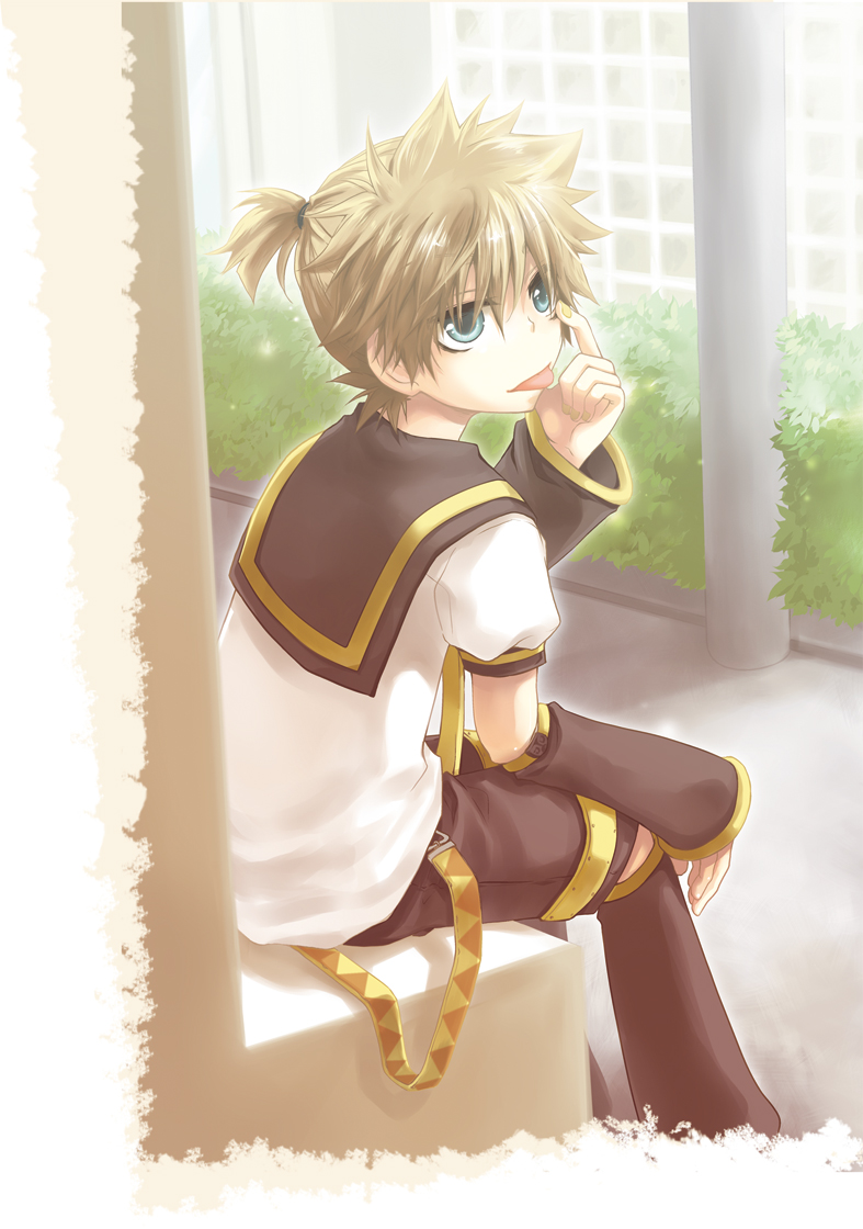 abe., abe toshi, kagamine len, vocaloid, 1boy, blonde hair, blue eyes, male focus, necktie, ponytail, short hair, shorts, solo, tongue