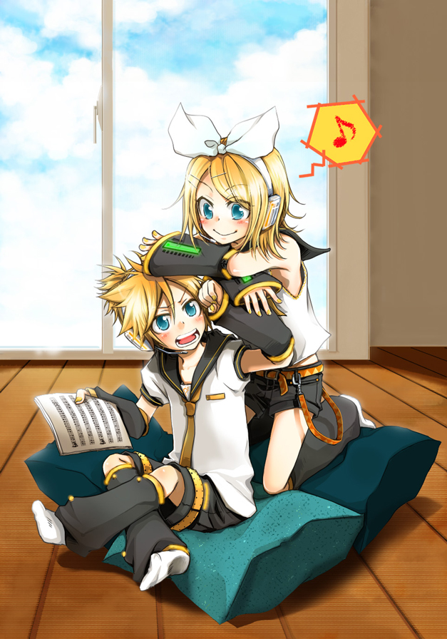 abe., abe toshi, kagamine len, kagamine rin, vocaloid, 1boy, 1girl, blonde hair, blue eyes, brother and sister, hair ornament, hair ribbon, hairclip, headphones, headset, musical note, necktie, open mouth, quaver, ribbon, sheet music, short hair, shorts, siblings, smile, spoken musical note, twins