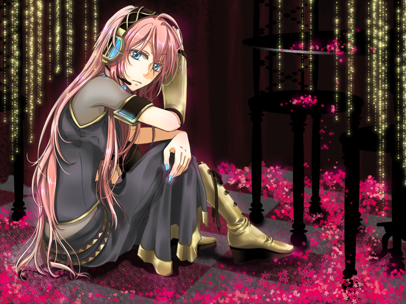 abe., abe toshi, megurine luka, vocaloid, bad id, bad pixiv id, 1girl, ahoge, blue eyes, blue nails, boots, female focus, flower, headphones, headset, long hair, nail polish, pink hair, sitting, solo