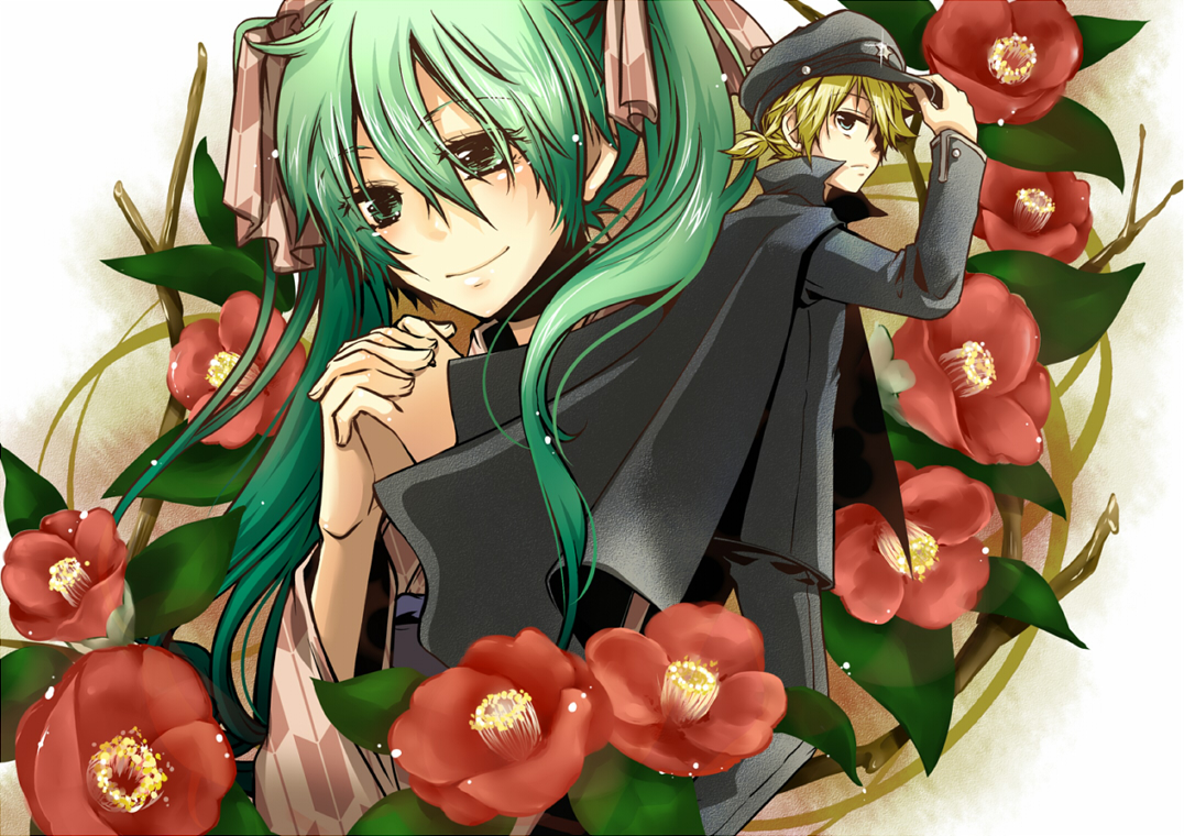 abe., abe toshi, hatsune miku, kagamine len, vocaloid, 1boy, 1girl, blonde hair, blue hair, cape, flower, green eyes, green hair, hair ribbon, hat, long hair, ribbon, twintails