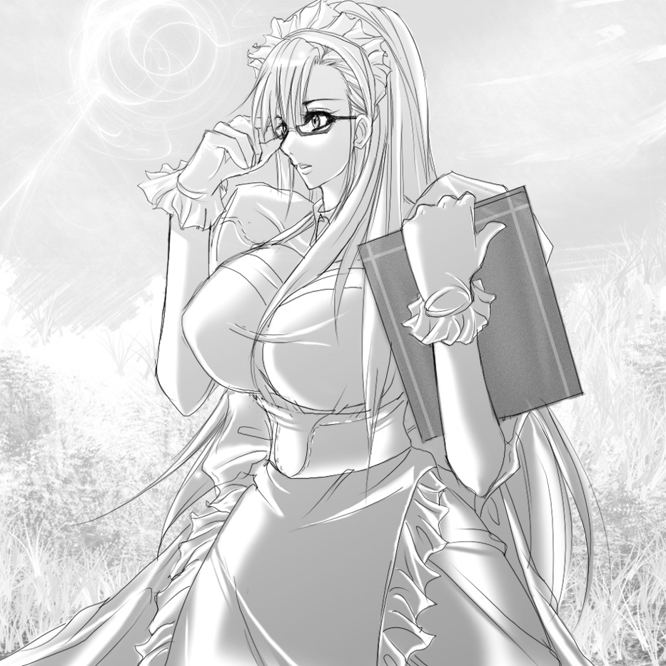 juri (shiningred), jyuri (artist), ragnarok online, 1girl, adjusting eyewear, apron, breasts, curvy, female focus, glasses, gloves, greyscale, huge breasts, kafra uniform, long hair, maid, maid apron, monochrome, solo, wide hips