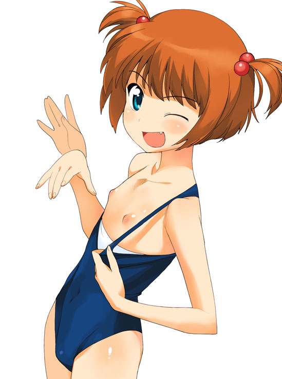 a1 (initial-g), kataoka yuuki, saki (manga), 00s, 1girl, blue eyes, blush, clothes pull, fang, fat mons, female focus, flat chest, hair bobbles, hair ornament, loli, nipples, one-piece swimsuit, one-piece swimsuit pull, one eye closed, orange hair, puffy nipples, pulling own clothes, school swimsuit, short twintails, simple background, solo, swimsuit, twintails, two side up, waving, wink