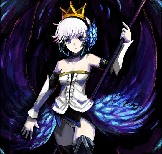 kara (color), gwendolyn (odin sphere), odin sphere, 1girl, armor, armored dress, bare shoulders, blue eyes, boots, crown, detached sleeves, dress, female focus, hair ornament, holding behind back, holding polearm, holding polearm behind back, holding weapon, holding weapon behind back, miniskirt, panties, pantyshot, polearm, short hair, skirt, solo, spear, strapless, strapless dress, thigh boots, thighhighs, underwear, weapon, white hair, wings, zettai ryouiki