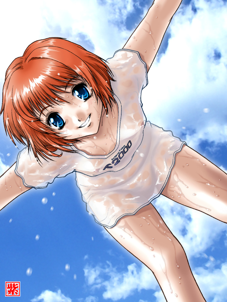 kotoe murasaki, 1girl, aged down, blue eyes, collarbone, covered erect nipples, day, dutch angle, female focus, flat chest, groin, nipples, no pants, orange hair, see-through clothes, shirt, short hair, sky, smile, solo, standing, thighs, wet, wet clothes, wet shirt