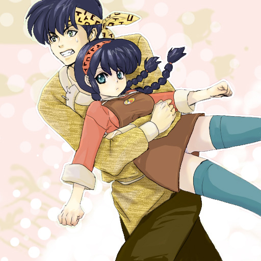 unicornlove, hibiki ryouga, hibiki yoiko, ranma-chan, saotome ranma, ranma 1/2, 1boy, 1girl, alternate costume, black hair, blue eyes, braid, carrying, disguise, genderswap, genderswap (mtf), panties, thighhighs, twin braids, underwear