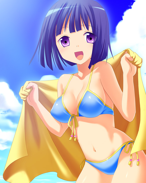 miso, miso (mosamosamosa), original, bad id, bad pixiv id, 1girl, :d, bare arms, bare shoulders, bikini, blue bikini, blue hair, breasts, day, female focus, front-tie bikini top, front-tie top, medium breasts, navel, open mouth, outdoors, purple eyes, short hair, side-tie bikini bottom, sky, smile, solo, swimsuit, towel