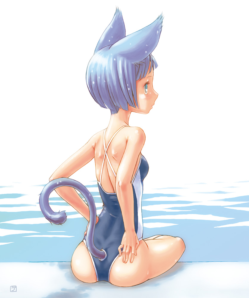 uni tenten, original, 1girl, animal ears, ass, backless outfit, bare back, blue eyes, blue hair, cat ears, cat tail, competition swimsuit, dimples of venus, female focus, hands on own hips, matching hair/eyes, one-piece swimsuit, pool, poolside, profile, short hair, signature, single vertical stripe, sitting, soaking feet, solo, swimsuit, tail, tail hole, water, wet