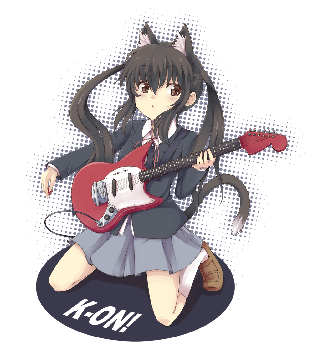 enshin, yuuki shin, nakano azusa, k-on!, 00s, 1girl, :<, animal ears, black hair, cat ears, female focus, fender (company), guitar, halftone, halftone outline, instrument, long hair, mustang (guitar), outline, school uniform, solo