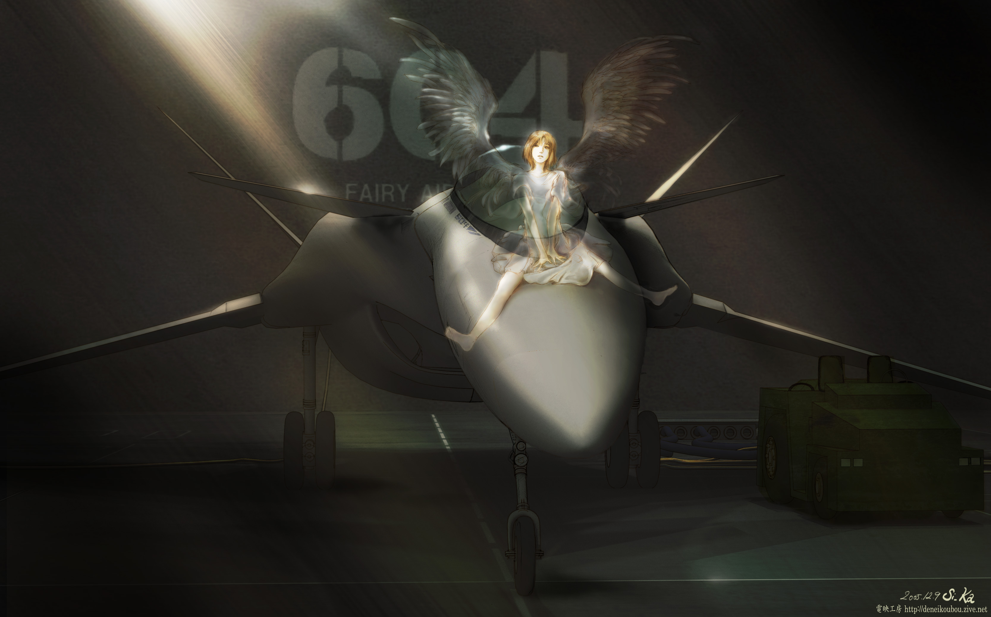 shiika sadamasa, original, sentou yousei yukikaze, absurdres, highres, 00s, 1girl, aircraft, airplane, angel wings, barefoot, brown hair, dress, female focus, fighter jet, military, military vehicle, sitting, solo, vehicle focus, wings
